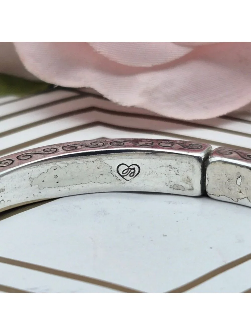 Brighton Secret of Love Hinged Bangle Bracelet Silver Plated Crystals & Etching